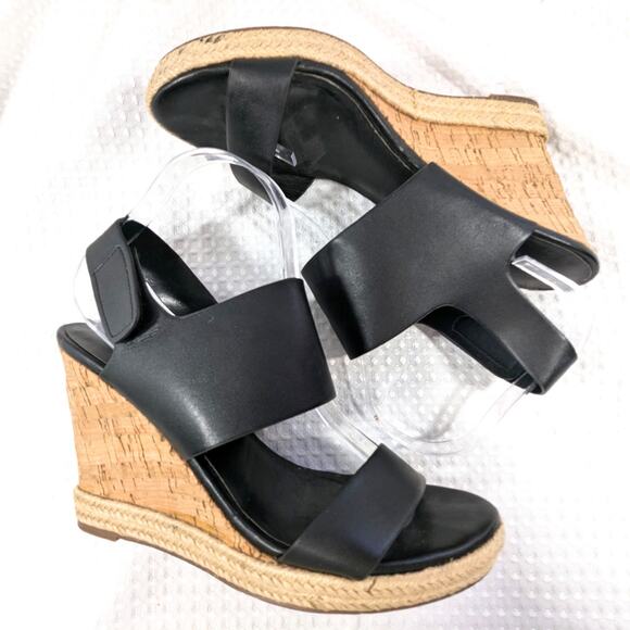 CHARLES DAVID! BLACK GENUINE LEATHER ESPADRILLE TRIM, CORK WEDGE HEELS! SZ 10M - Picture 2 of 11